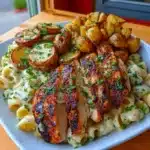 Grilled Chicken with Creamy Garlic Pasta & Crispy Roasted Potatoes