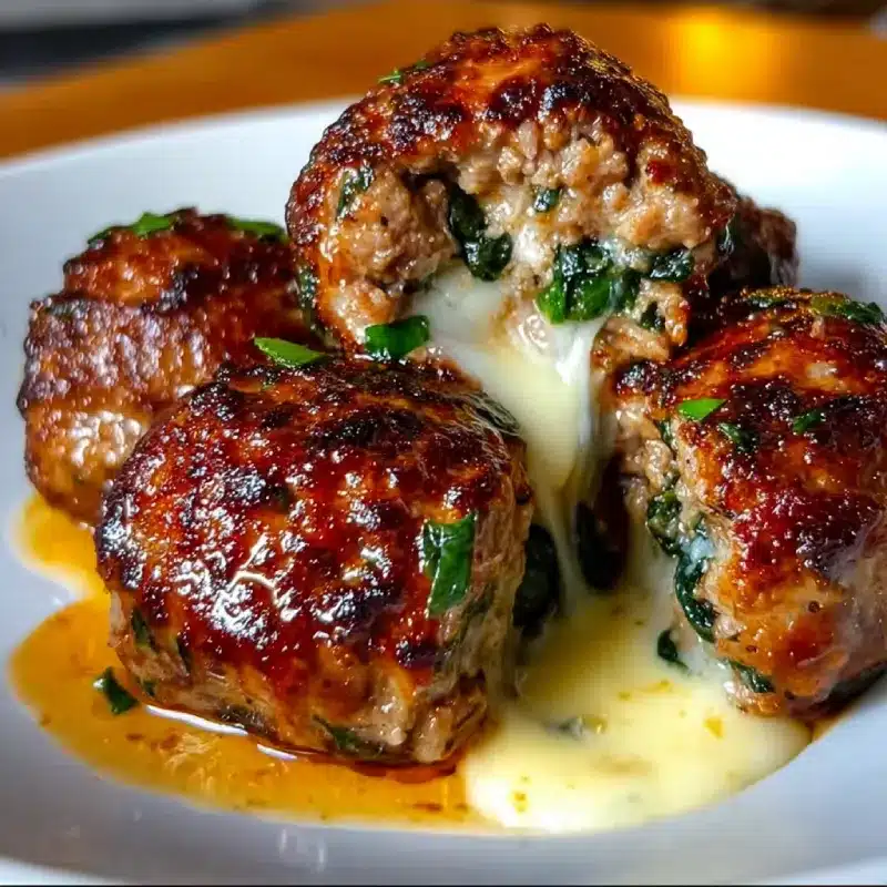 Spinach Garlic Meatballs Stuffed with Mozzarella