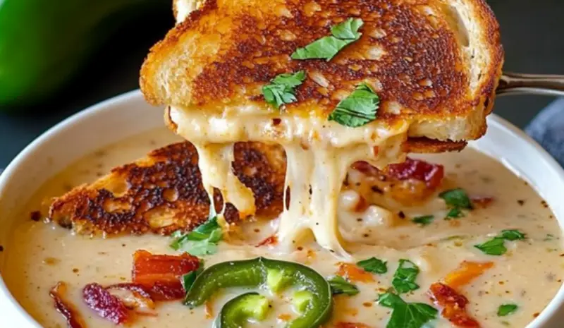Spicy Jalapeño Popper Soup with Grilled Cheese Dippers