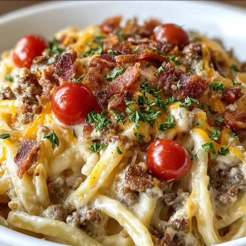 Loaded Bacon Cheeseburger Alfredo Pasta